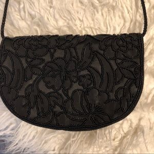 festive clutch/crossbody: Beautiful  Black (M) Brocade Ptn. Beaded evening-bag!
